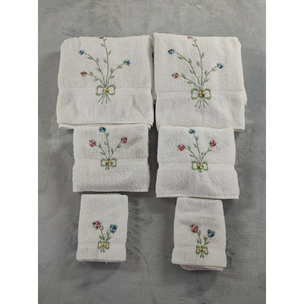 Vintage Fieldcrest Embroidered Floral Towel Set 6pc Cotton Cream Made in USA